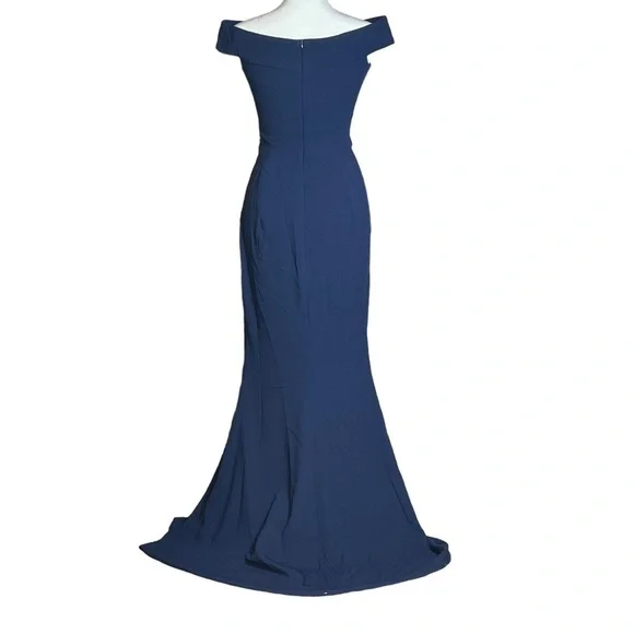 DRESS the POPULATION Bridal Jackie Off the Shoulder Trumpet Gown Navy, Small - Picture 2 of 8